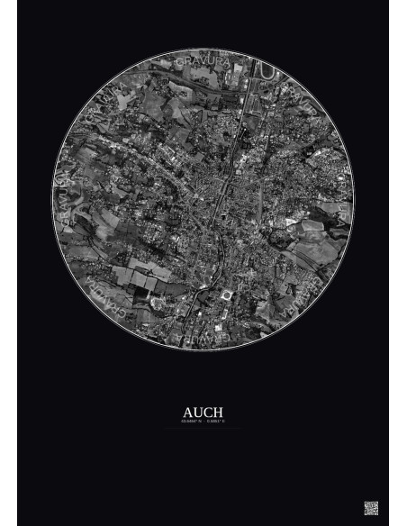 Affiche Auch – Poster vue satellite 2.5km N&B | Gravura – Fond foncé