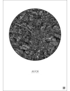 Affiche Auch – Poster vue satellite 2.5km N&B | Gravura – Fond clair