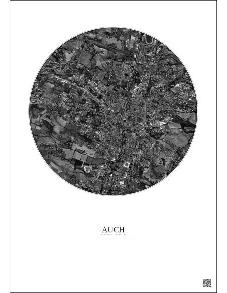 Affiche Auch – Poster vue satellite 2.5km N&B | Gravura – Fond clair