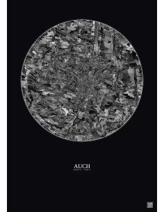 Affiche Auch – Poster vue satellite 5km N&B | Gravura – Fond foncé