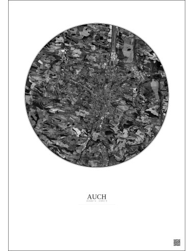 Affiche Auch – Poster vue satellite 5km N&B | Gravura – Fond clair