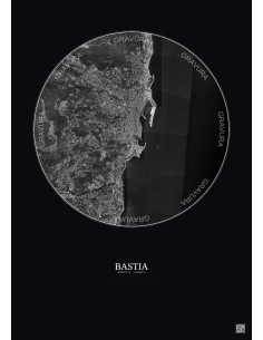 Affiche Bastia – Poster vue satellite 2.5km N&B | Gravura – Fond foncé