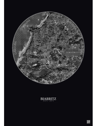 Affiche Biarritz – Poster vue satellite 2.5km N&B | Gravura – Fond foncé