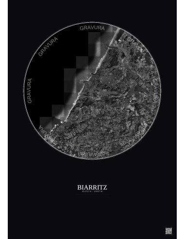 Affiche Biarritz – Poster vue satellite 10km N&B | Gravura – Fond foncé