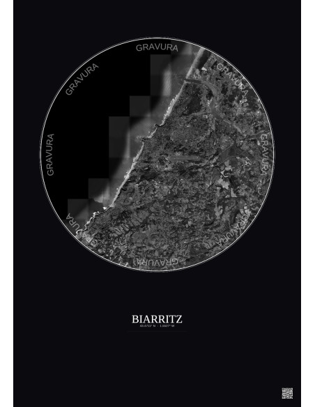 Affiche Biarritz – Poster vue satellite 10km N&B | Gravura – Fond foncé