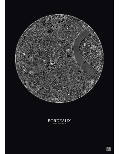 Affiche Bordeaux – Poster vue satellite 2.5km N&B | Gravura – Fond foncé