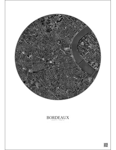 Affiche Bordeaux – Poster vue satellite 2.5km N&B | Gravura – Fond clair
