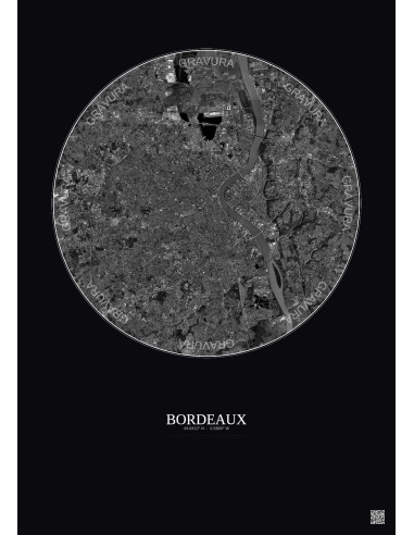 Bordeaux Satellite View Poster 10km B&W | Gravura – Dark background