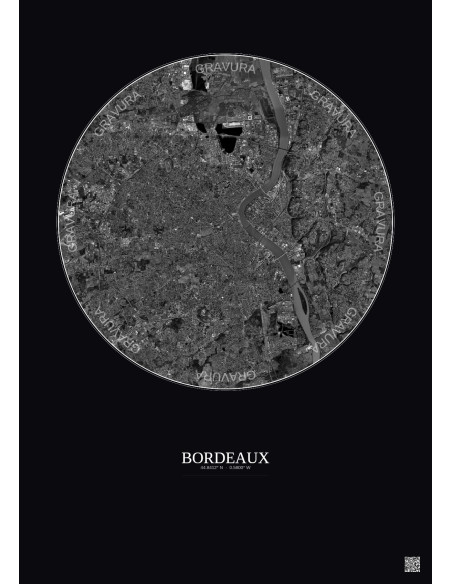 Bordeaux Satellite View Poster 10km B&W | Gravura – Dark background