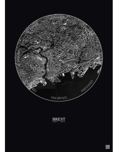 Affiche Brest – Poster vue satellite 2.5km N&B | Gravura – Fond foncé