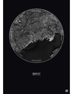 Affiche Brest – Poster vue satellite 6km N&B | Gravura – Fond foncé