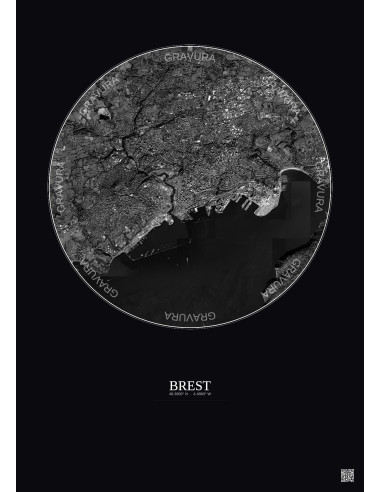 Affiche Brest – Poster vue satellite 6km N&B | Gravura – Fond foncé