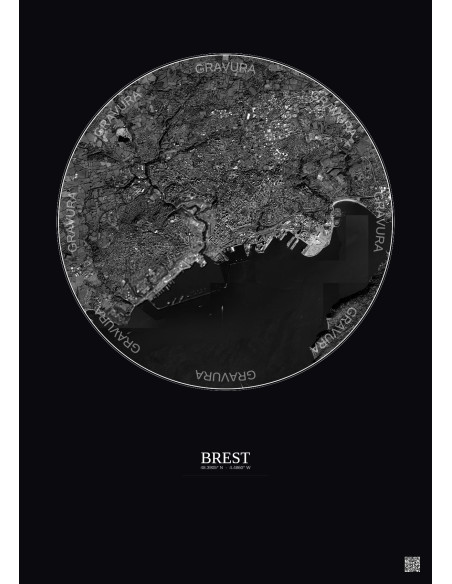 Affiche Brest – Poster vue satellite 6km N&B | Gravura – Fond foncé