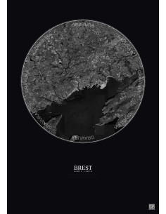 Affiche Brest – Poster vue satellite 10km N&B | Gravura – Fond foncé