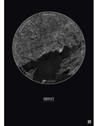 Affiche Brest – Poster vue satellite 10km N&B | Gravura – Fond foncé