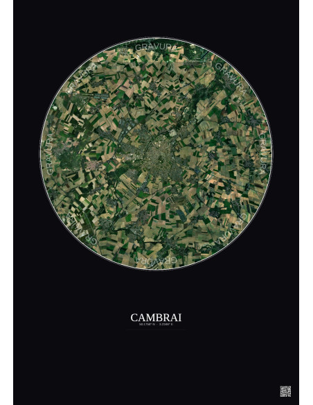Affiche Cambrai – Poster vue satellite 10km Couleur | Gravura – Fond foncé