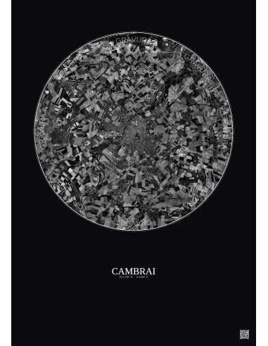 Affiche Cambrai – Poster vue satellite 10km N&B | Gravura – Fond foncé