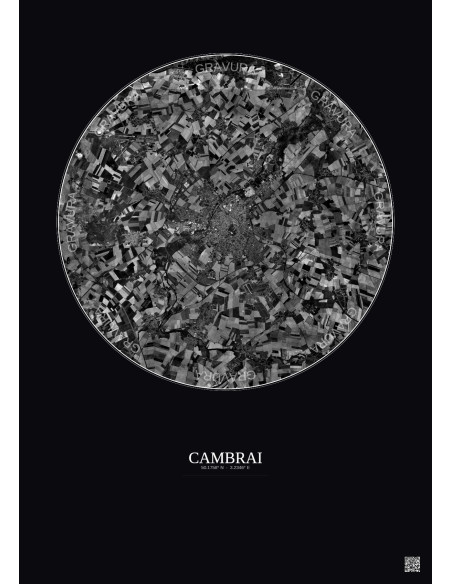 Affiche Cambrai – Poster vue satellite 10km N&B | Gravura – Fond foncé