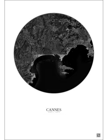 Affiche Cannes – Poster vue satellite 10km N&B | Gravura – Fond clair