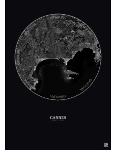 Affiche Cannes – Poster vue satellite 10km N&B | Gravura – Fond foncé