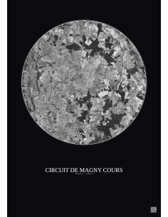 Affiche Circuit De Magny Cours – Poster vue satellite 10km N&B | Gravura – Fond foncé