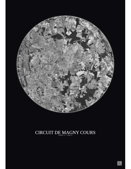 Affiche Circuit De Magny Cours – Poster vue satellite 10km N&B | Gravura – Fond foncé