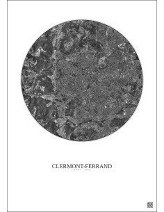 Affiche Clermont Ferrand – Poster vue satellite 5km N&B | Gravura – Fond clair