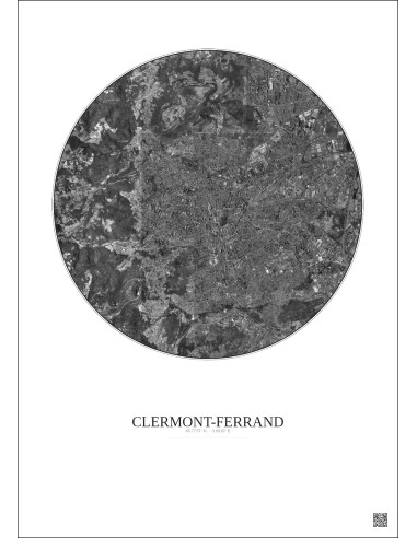 Clermont Ferrand Satellite View Poster 5km B&W | Gravura – Light background