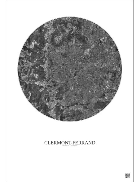 Clermont Ferrand Satellite View Poster 5km B&W | Gravura – Light background