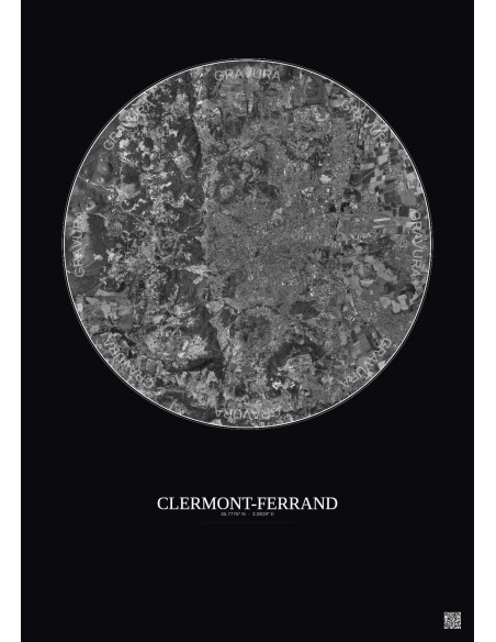 Affiche Clermont Ferrand – Poster vue satellite 10km N&B | Gravura – Fond foncé
