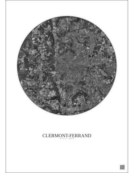 Affiche Clermont Ferrand – Poster vue satellite 10km N&B | Gravura – Fond clair