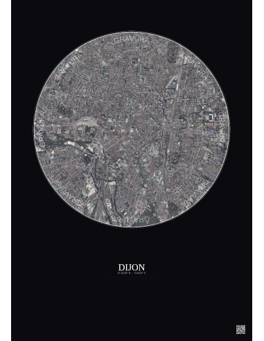 Affiche Dijon – Poster vue satellite 2.5km Couleur | Gravura – Fond foncé