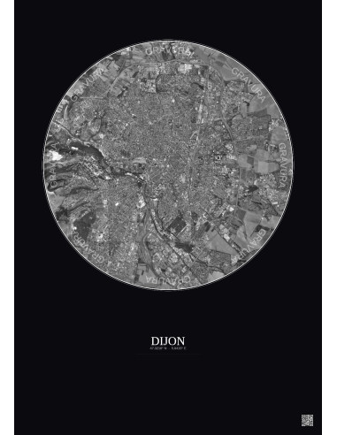Affiche Dijon – Poster vue satellite 5km N&B | Gravura – Fond foncé