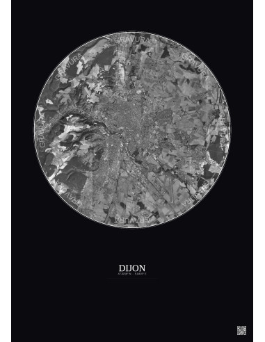 Affiche Dijon – Poster vue satellite 10km N&B | Gravura – Fond foncé