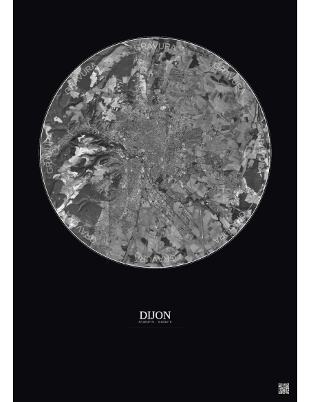 Affiche Dijon – Poster vue satellite 10km N&B | Gravura – Fond foncé