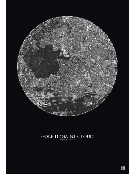 Affiche Golf De Saint Cloud – Poster vue satellite 2.5km N&B | Gravura – Fond foncé