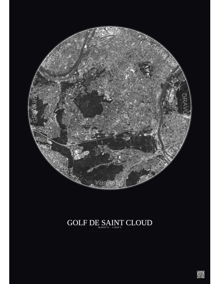 Affiche Golf De Saint Cloud – Poster vue satellite 5km N&B | Gravura – Fond foncé