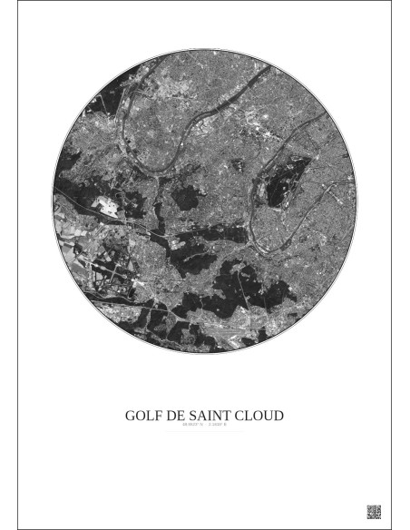 Affiche Golf De Saint Cloud – Poster vue satellite 10km N&B | Gravura – Fond clair