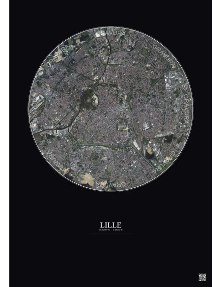 Affiche Lille – Poster vue satellite 5km Couleur | Gravura – Fond foncé