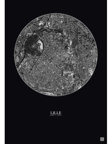 Affiche Lille – Poster vue satellite 2.5km N&B | Gravura – Fond foncé