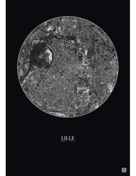 Affiche Lille – Poster vue satellite 2.5km N&B | Gravura – Fond foncé