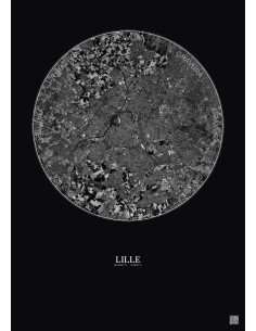 Affiche Lille – Poster vue satellite 10km N&B | Gravura – Fond foncé