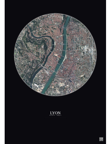 Affiche Lyon – Poster vue satellite 2.5km Couleur | Gravura – Fond foncé