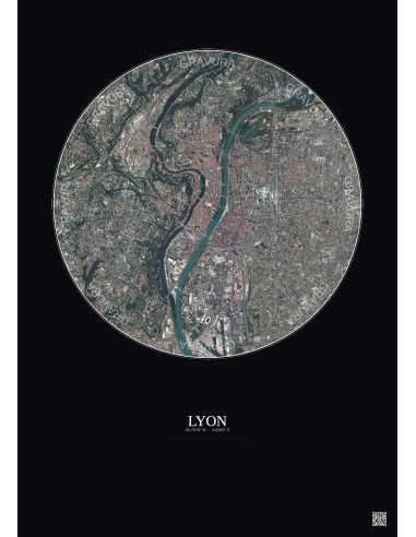 Affiche Lyon – Poster vue satellite 5km Couleur | Gravura – Fond foncé