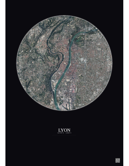 Affiche Lyon – Poster vue satellite 5km Couleur | Gravura – Fond foncé