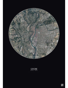 Affiche Lyon – Poster vue satellite 10km Couleur | Gravura – Fond foncé