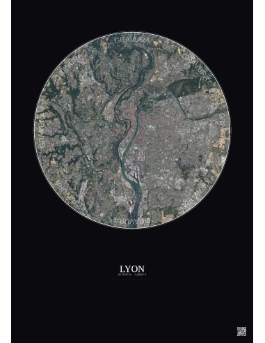 Lyon Satellite View Poster 10km Color | Gravura – Dark background