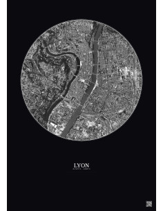 Affiche Lyon – Poster vue satellite 2.5km N&B | Gravura – Fond foncé