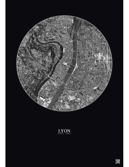 Lyon Satellite View Poster 2.5km B&W | Gravura – Dark background