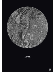 Affiche Lyon – Poster vue satellite 5km N&B | Gravura – Fond foncé